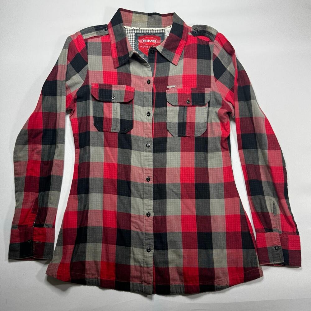 Sims Snowboarding Women's Long Sleeve Red Buffalo Plaid Flannel‎ Shirt - XL